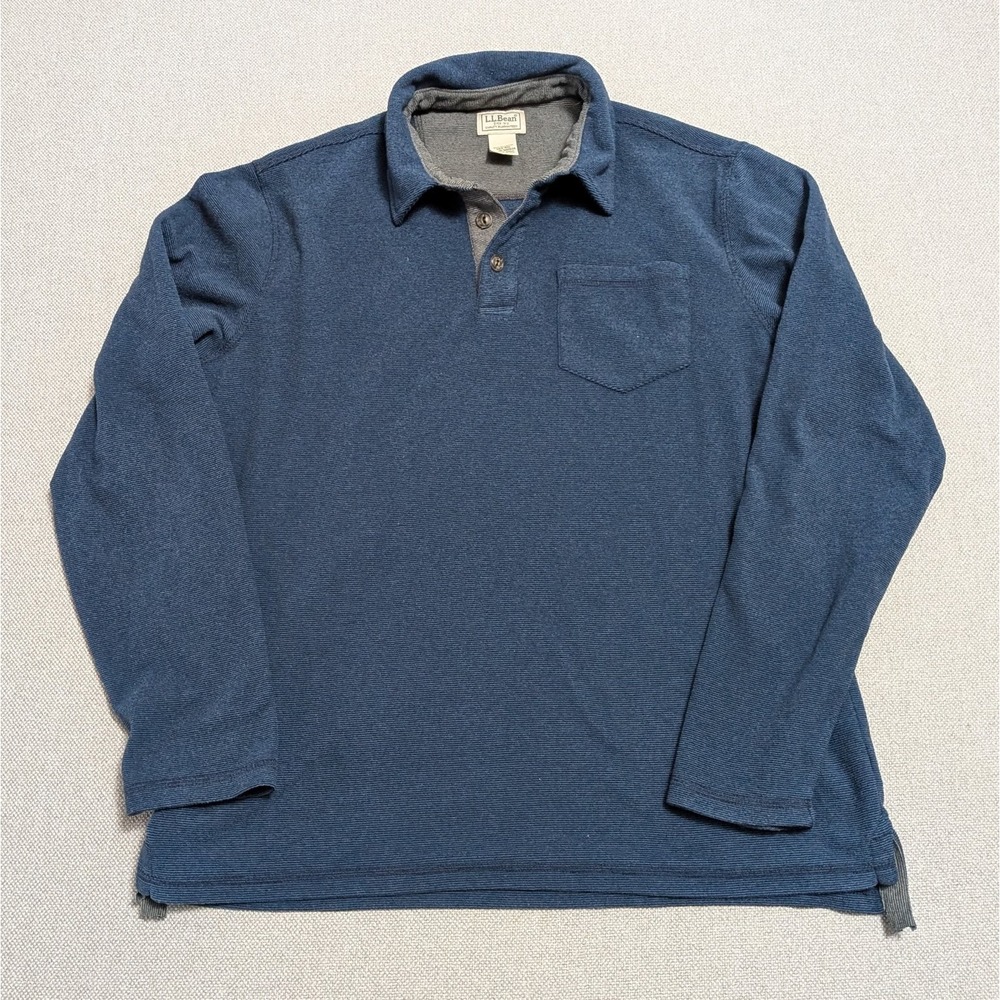 L.L.Bean Men's Blue Medium Long Sleeve Polo Shirt 100% Polyester Ribbed Pocket